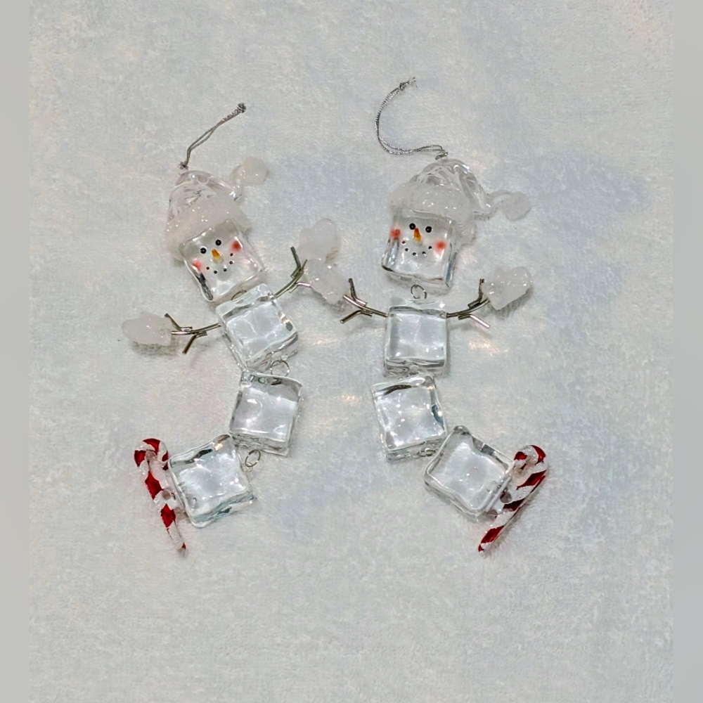 Vintage Ice Cube Snowman Ornaments with Candy Cane Skates